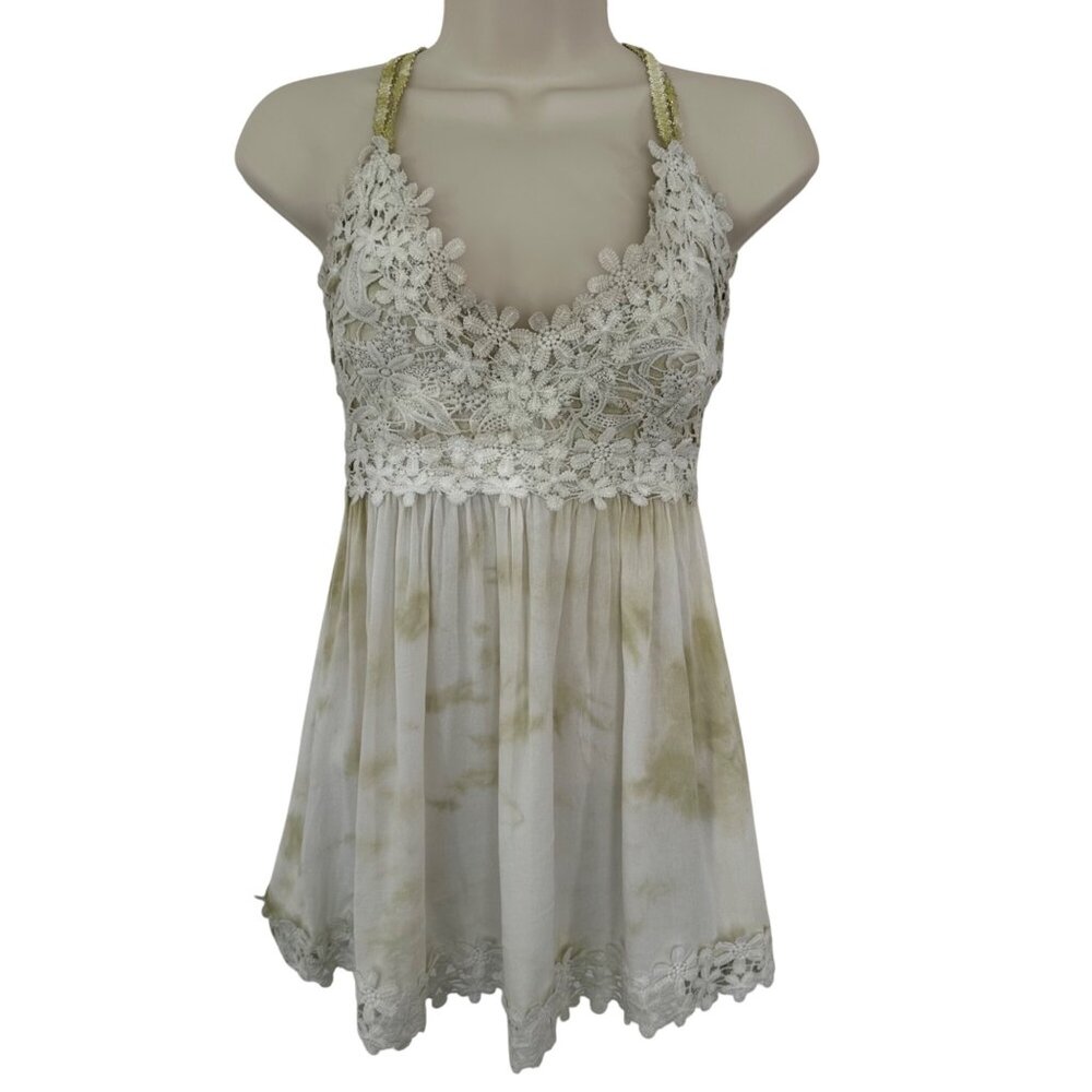 POL Lacey Babydoll Floral Lace Tank Top Size S Tie Dye Green Forest Fairy Boho